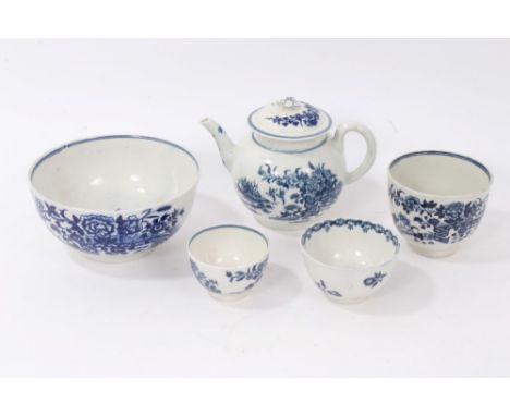 18th century Worcester blue and white teapot printed with The Fence pattern, matching tea bowl, slops bowl, sugar bowl, and a