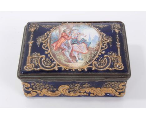 19th century enamel on copper table box painted with romantic scene, landscapes and floral scrolls 6.7cm