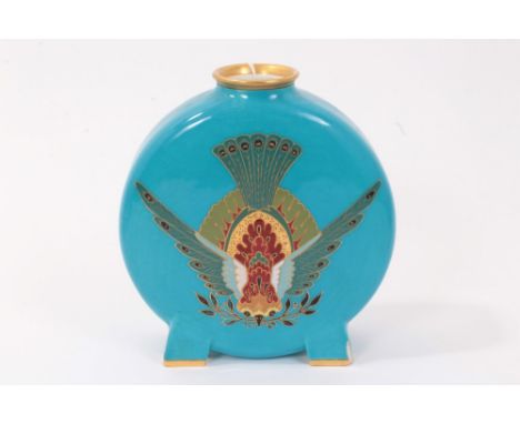 Minton Christopher Dresser-style moon flask with turquoise body and enamelled bird holding olive branch in its beak, on four 