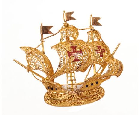 Continental gold filigree and enamel brooch in the form of a galleon, possibly Maltese. 39mm x 45mm. Provenance - A gift to t