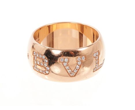 Bvlgari 18ct rose gold and diamond ring, the lettering set with diamonds, shank stamped 750, star2337, Made in Italy, 56. Fin