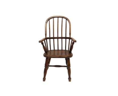 19th century ash and elm child’s stick back Windsor chair, saddle seat on turned legs and H-shaped stretcher