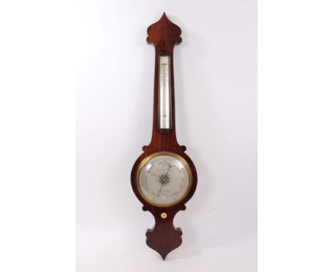 19th century rosewood banjo shaped barometer thermometer, the silvered dial signed Casteletti, Leicester - 99cm