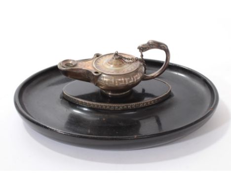 Victorian silver table lighter, in the form of an Aladdin's lamp, now converted as an inkwell, and mounted on an oval ebonise