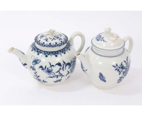 Two 18th century Worcester blue and white teapots and covers with printed floral and butter decoration - blue crescent marks,