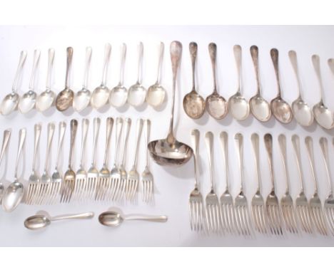 Part canteen of 1920s silver Hanoverian rattail pattern flatware, comprising 12 table forks, 11 dessert forks, 11 dessert kni