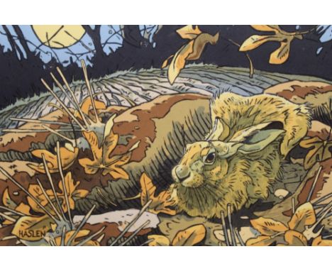 Andrew Haslen (b.1953) linocut and silkscreen - Autumn Moon, in glazed frame, 49cm x 63cm Provenance: The Wildlife Art Galler