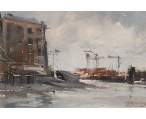 Peter Gilman (1928-1984) oil on board - Changing Light Isle of Dogs, signed, framed, 22cm x 29cm Exhibiuted: The Wapping Grou