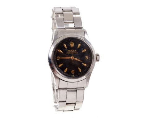 1950s Gentleman’s Rolex Oyster Perpetual stainless steel wristwatch. Model 6332, serial number 980348. The circular black dia