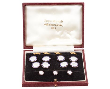 Gentleman's 9ct gold and blue enamel dress studs and cufflinks, each with a mother of pearl disc centred with a seed pearl, i