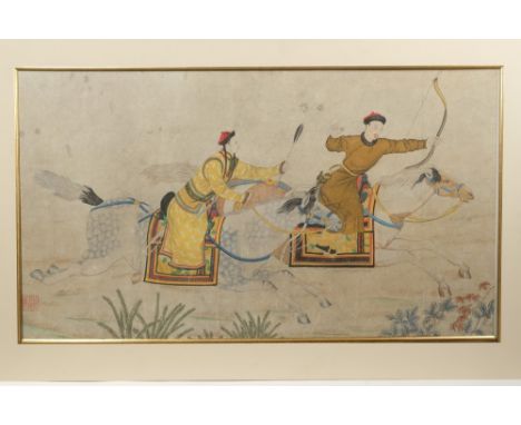 Fine Chinese watercolour after the Qianlong Court Ruyiguan studio depicting The Qianlong Emperor and Imperial woman hunting a