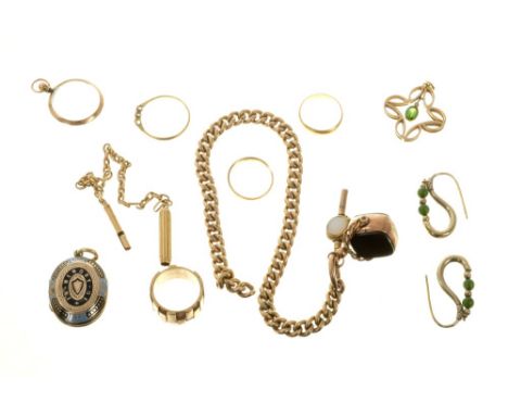 Small group of jewellery to include Edwardian green garnet and diamond pendant, four gold rings, two lockets, a pair of earri