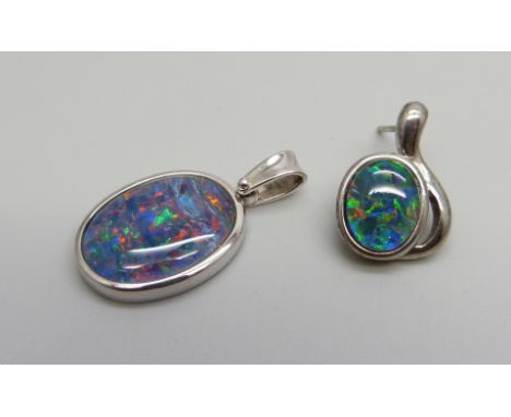 A single silver opal triplet earring and a silver pendant, 6g
