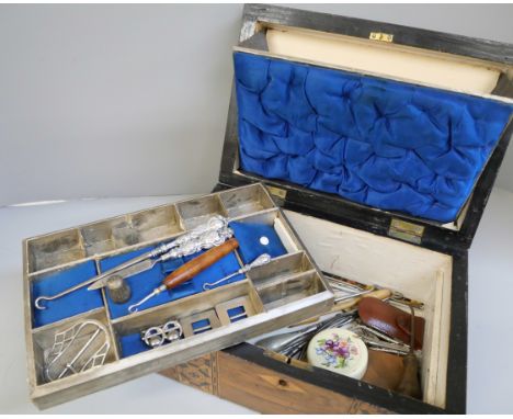 A lady's 19th Century sewing box containing plated and other items, together with three small silver button hooks and a Charl
