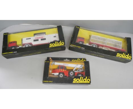 Three boxed Solido model vehicles, all Circus, No 332, 333 and 334; Camion cages, caisse and grue
