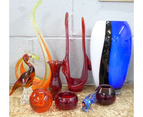 Assorted glass; two studio glass sculptures, glass vase, ruby glass and a glass fish**PLEASE NOTE THIS LOT IS NOT ELIGIBLE FO