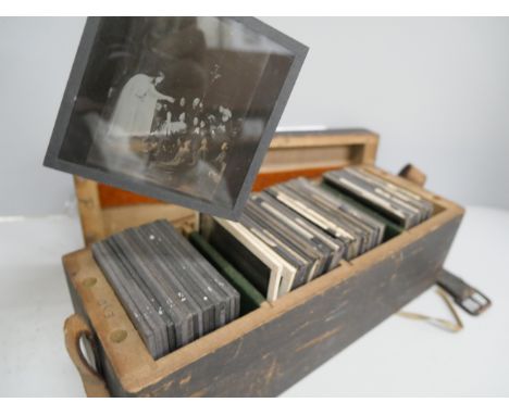 A box of approximately 90  lantern slides including Horrors of Coal Mines, Beauty of Life, Covent Garden, London, etc.