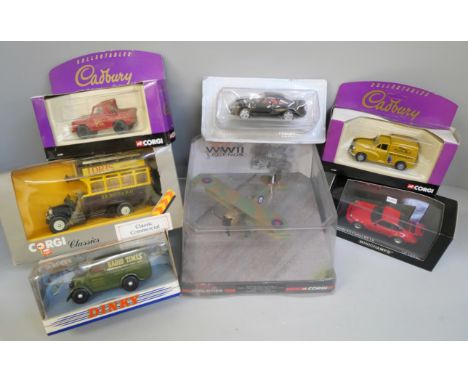 A Corgi Classics model vehicle, Dinky van, Minichamps car, two Cadbury collectables by Corgi, a Corgi WWII Legends model airc