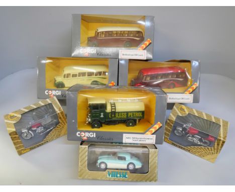 Four Corgi Classics model vehicles, one other Corgi example, Mercedes 300, a Vitesse and two IXO Museum motorbikes