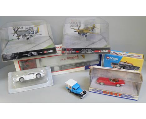 Die-cast model vehicles including a limited edition Corgi lorry, two WWII Legends aircraft, Dinky and Matchbox vehicles