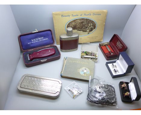 Vintage razors, whistle, watch charm, cufflinks, hip flask, tie pins