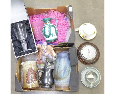 Two boxes of mixed china and glass including Minton, two stoneware vases, a wooden barometer and a Royal Worcester cup and sa