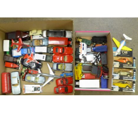 A box of various die-cast model vehicles including Classic Car Collection 