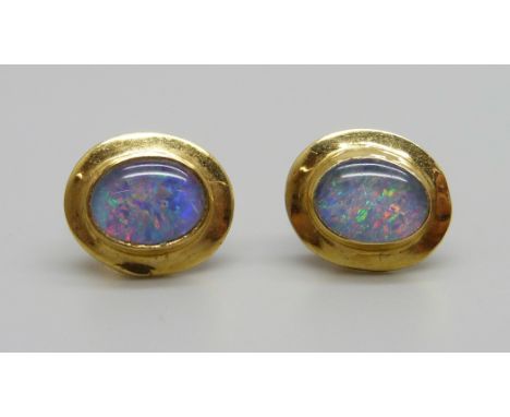 A pair of 14ct gold and opal triplet earrings with 18ct butterflies, 3.2g
