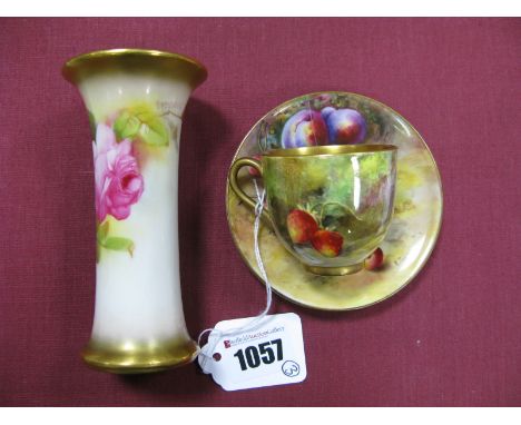 A Royal Worcester Porcelain Cabinet Cup and Saucer, painted by Edward Townsend, signed, with ripening fruit against a mossy w