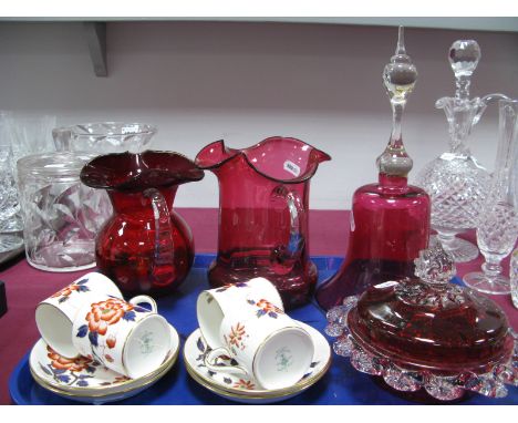 A Late XIX Century Cranberry Glass Bell, with fluted rim and clear handle, 31cm high; a cranberry glass jug with fluted rim a