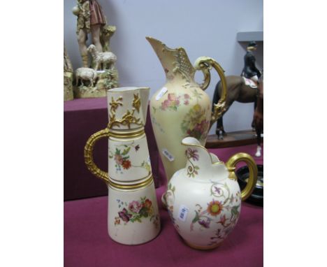 A Royal Worcester Porcelain Blush Ivory Flat Handled Jug, printed and painted with floral sprays, shape number 1094, 16cm hig
