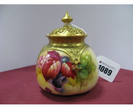 A Royal Worcester Porcelain Pot Pourri Vase and Pierced Cover, painted by Kitty Blake, signed, with flowering blackberries, s