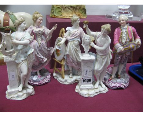 A Pair of Late XIX Century German Figures of XVIII Century Courtiers, he playing an instrument, she dancing, pink floral deco