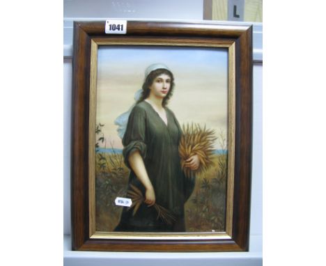 An Early XX Century German Rectangular Plaque, depicting 'Ruth' holding sheaves of corn, impressed 'J R' mark, 28 X 19.5cm, f