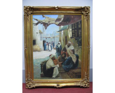 K. ARMON (XX Century) Eastern Street Scene with Arab Gentleman Talking, oil on canvas, signed lower right, bearing Webster an