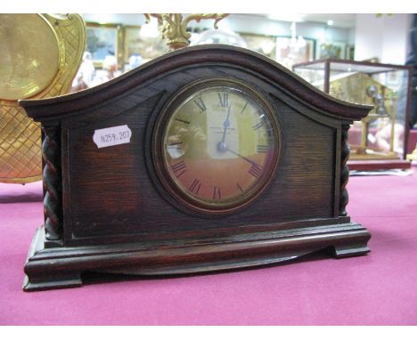 Mappin &amp; Webb Mantel Clock, with barleytwist sides to oak domed case, 16cm high.