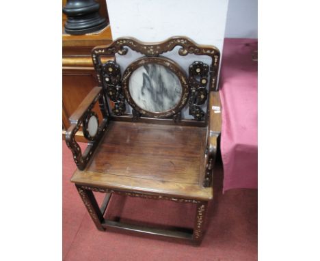 A XIX Century Chinese Hardwood Armchair, with inlaid mother of pearl and with marble inserts to the back and arms, on square 