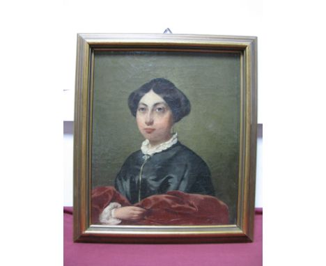 ENGLISH SCHOOL (Mid XX Century) Portrait of a Lady, wearing a white blouse, black cloak and maroon shawl, oil, signed indisti