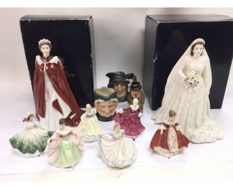 Two boxed Royal Worcester figures of Queen Elizabeth II, Royal Doulton mini figures, two small Doulton character jugs and a W
