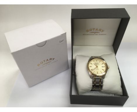 A boxed Rotary Legacy automatic watch with baton numerals and date aperture.
