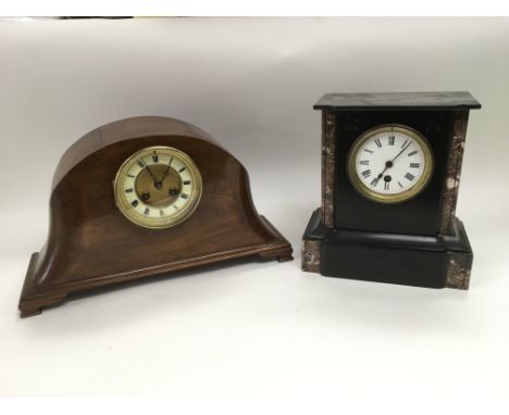 Two mantle clocks comprising an eight day French example and a black slate clock (2) - NO RESERVE