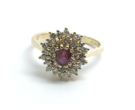 An 18ct yellow gold ruby and diamond cluster ring, approx 0.5ct, ring size approx N