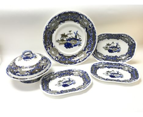 A collection of Spode and Copeland &amp; Garrett frog pattern earthenware, printed blue pattern with brown coloured underglaz