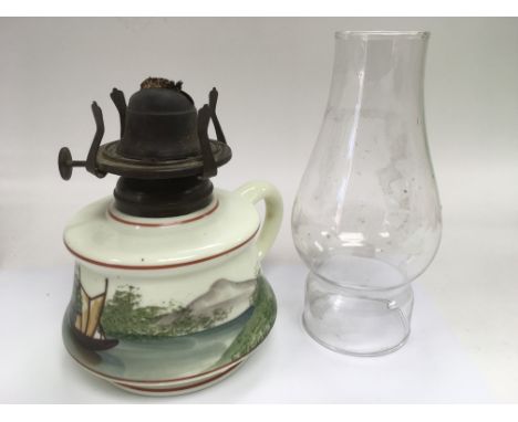 An antique painted glass finger oil lamp depicting a boat on a river - NO RESERVE