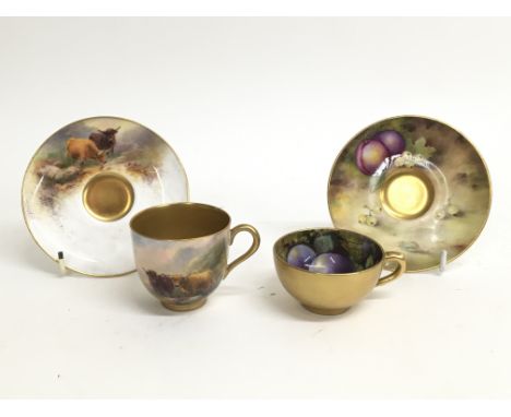 Two Royal Worcester cups and saucers bearing scenes of highland cattle and fruit