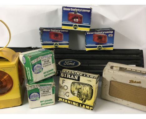 Automobile items including six rear warning lamps in boxes, road lamp and Roberts Radio and Escort Grill