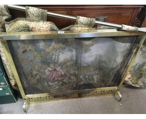 A 1920s brass and wire mesh curtain fire screen together with a wall mounted tapestry - NO RESERVE
