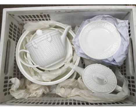 Three boxes of white ceramic dinner service items in Nantucket pattern by Wedgwood and Coalport.