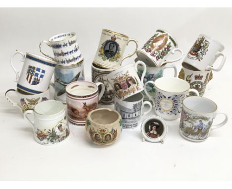 A collection of mugs and cups including commemorative ware including, Royal Worcester, Aynsley, Coalport, etc.