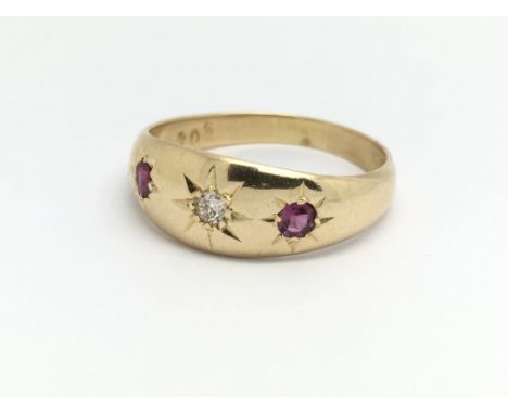 A vintage 18ct yellow gold diamond and ruby ring, size approx T